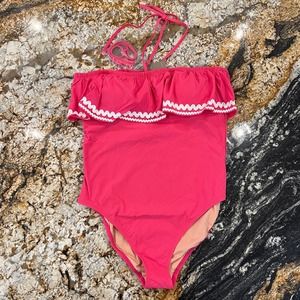 NWT J Crew Pink Ruffle Bandeau W/Rickrack One Piece Swimsuit